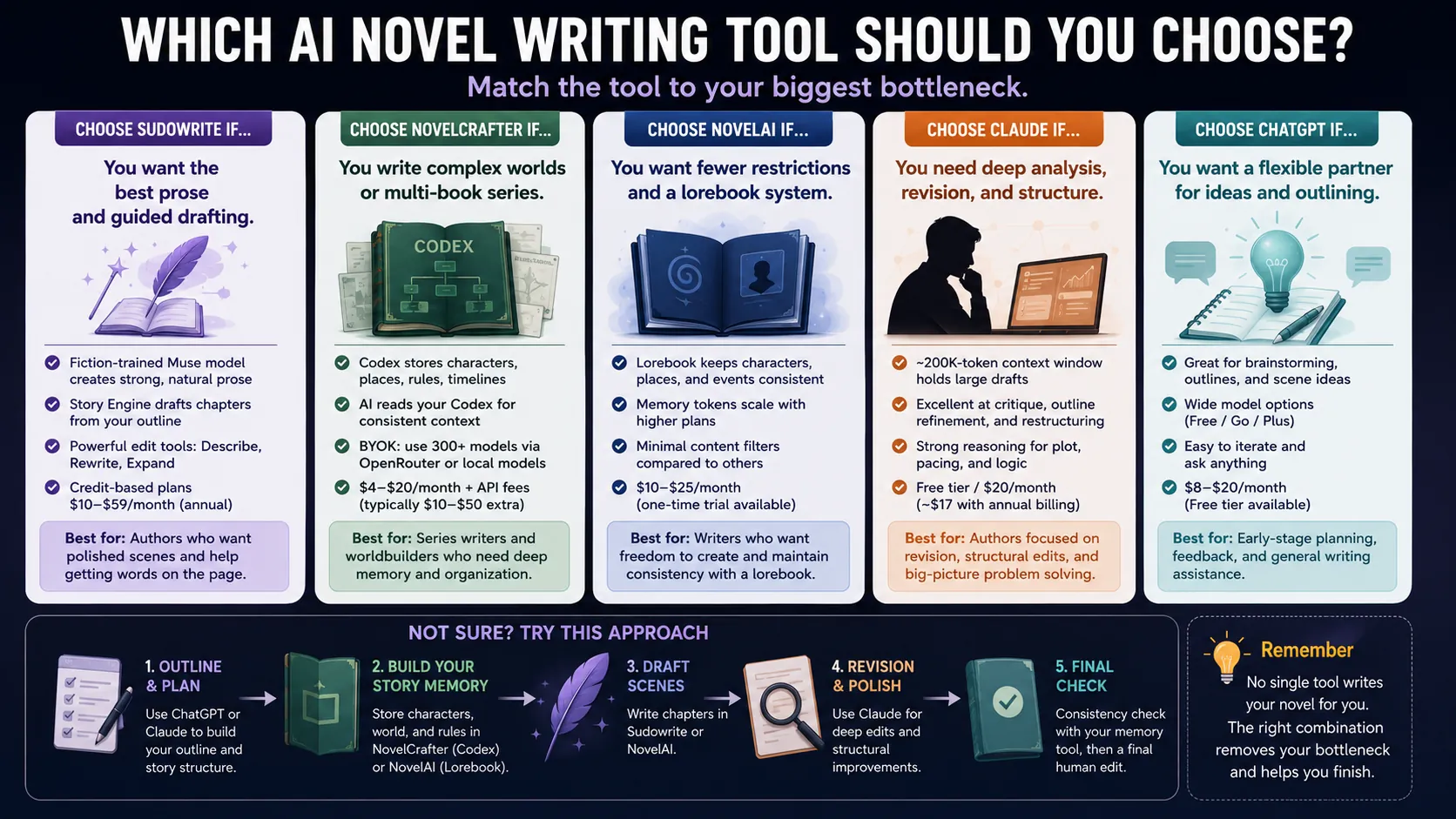 Overhead view of a writer's desk with an open laptop showing a manuscript, a printed outline, and a notebook of character notes.