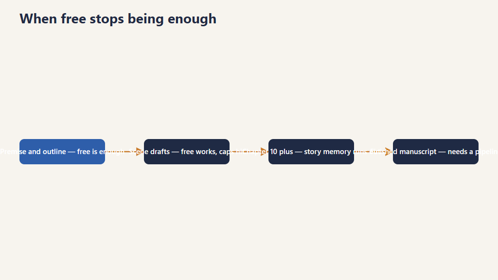 Flow diagram of when free AI writing stops being enough: premise and outline work free, scene drafting works until message caps hit, multi-chapter consistency fails as story memory runs out, and a finished manuscript needs a structured pipeline.