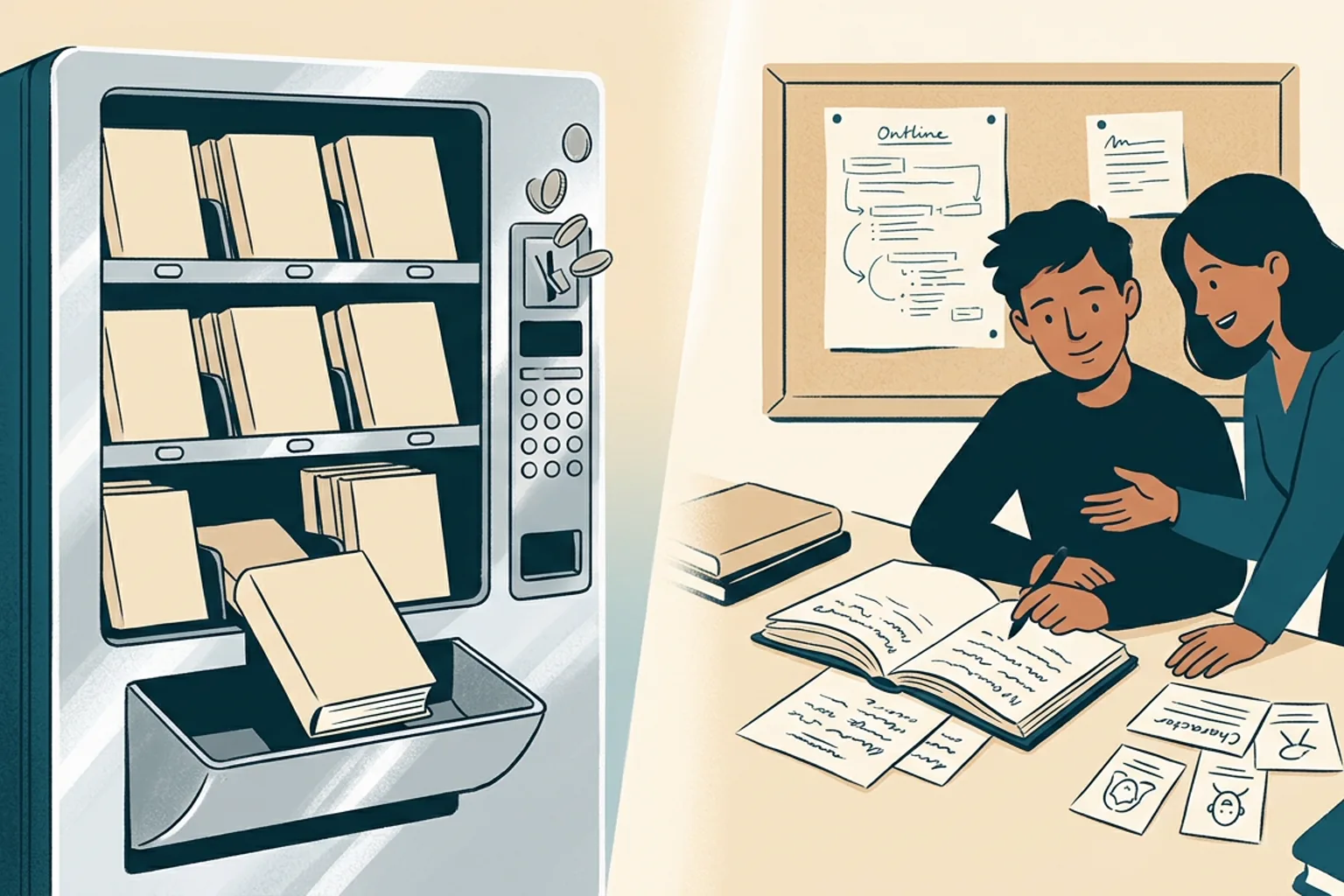 Split composition: a chrome vending machine dispensing identical paperbacks on one side, a warm writer's desk with manuscript, character cards and a collaborating assistant on the other — the generator watches, the partner works with you.