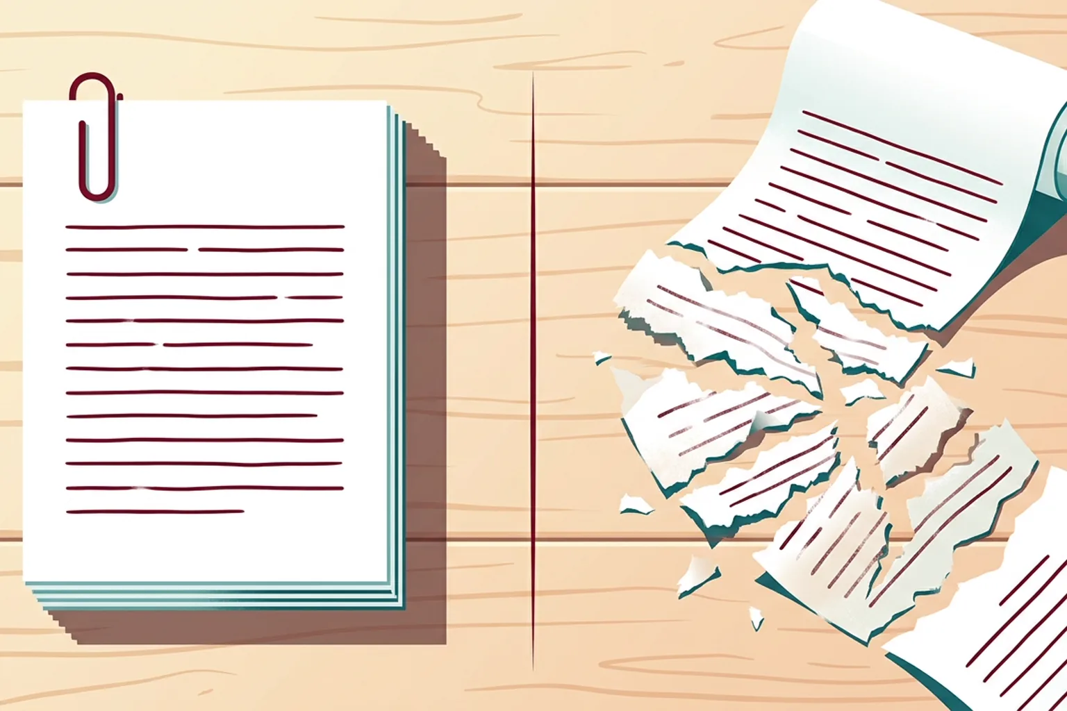 A neat stack of crisp short story pages beside a long manuscript scroll that comes apart in the middle — free AI story writers excel at short pieces but lose coherence at length.