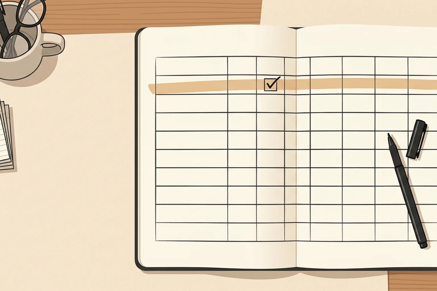 A top-down view of a novelist's writing desk: a fill-in scene-outline table spread on paper with neat empty grid rows, a resting pen, a highlighted row marked like a checked decision, and a stack of index cards nearby.