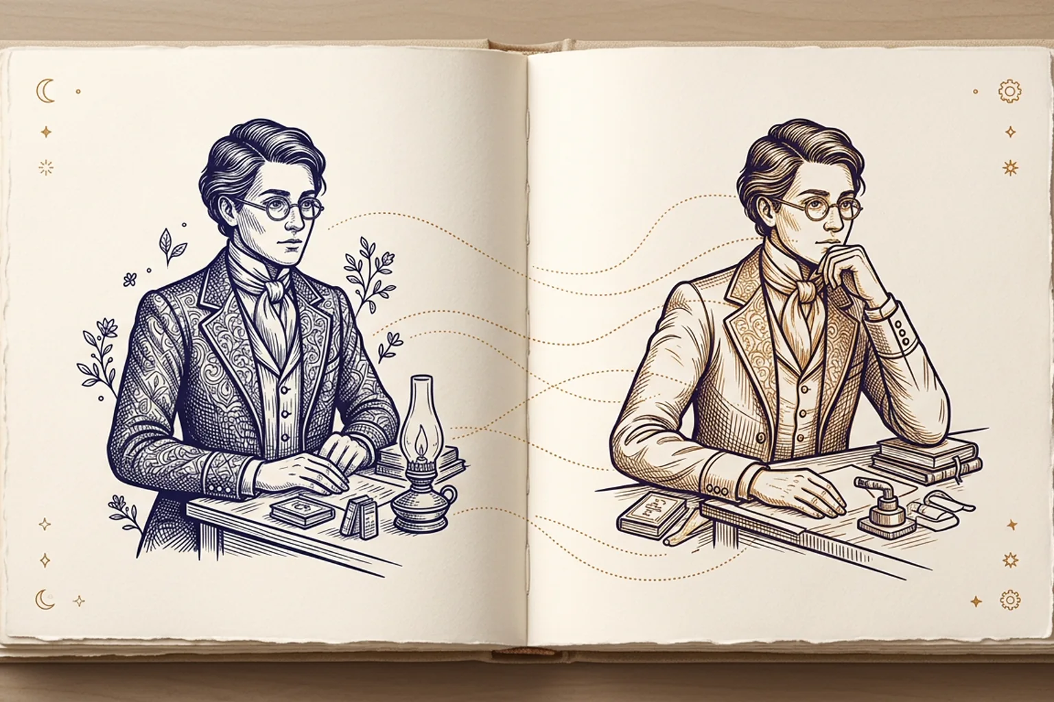 The same character drawn on two facing pages, slightly different each time, with faint lines tracing the changes between them.