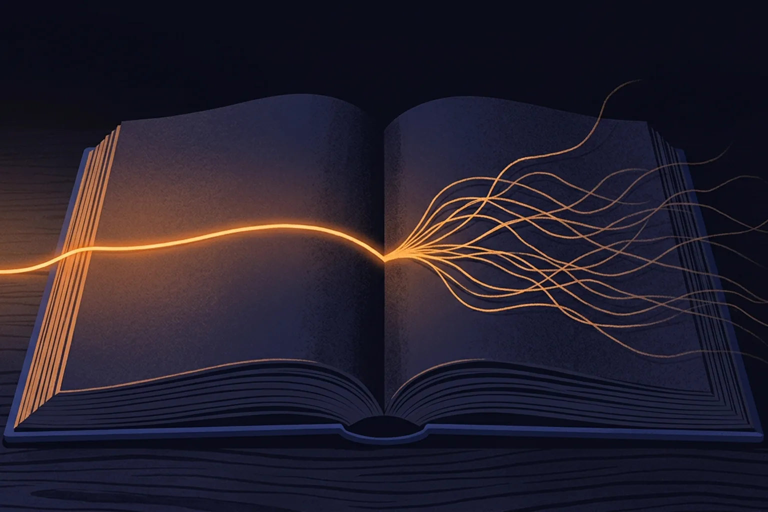 A glowing thread running through an open book, fraying into loose strands past the middle pages.