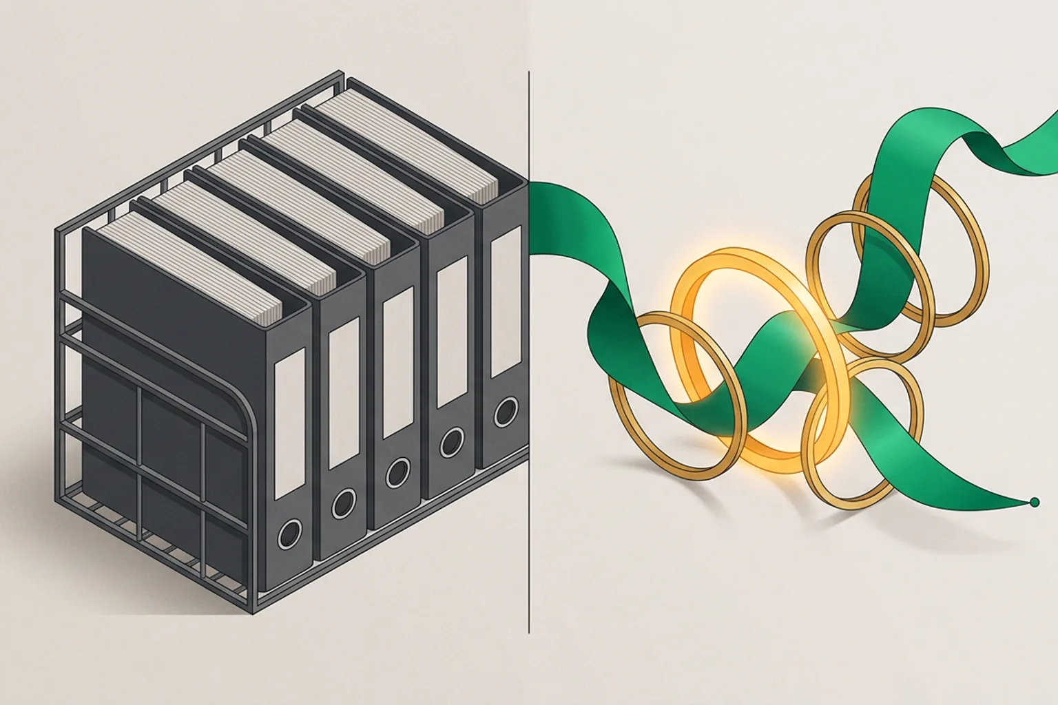 A neat shelf of static folders beside a bright ribbon of story weaving through interlocking rings — Claude Projects as a reference vault versus story memory as state in motion.
