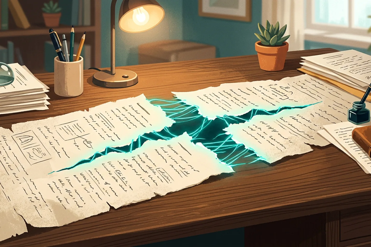 A long scroll of manuscript paper torn horizontally into two pieces on a desk, a glowing seam of light stitching the halves back together.