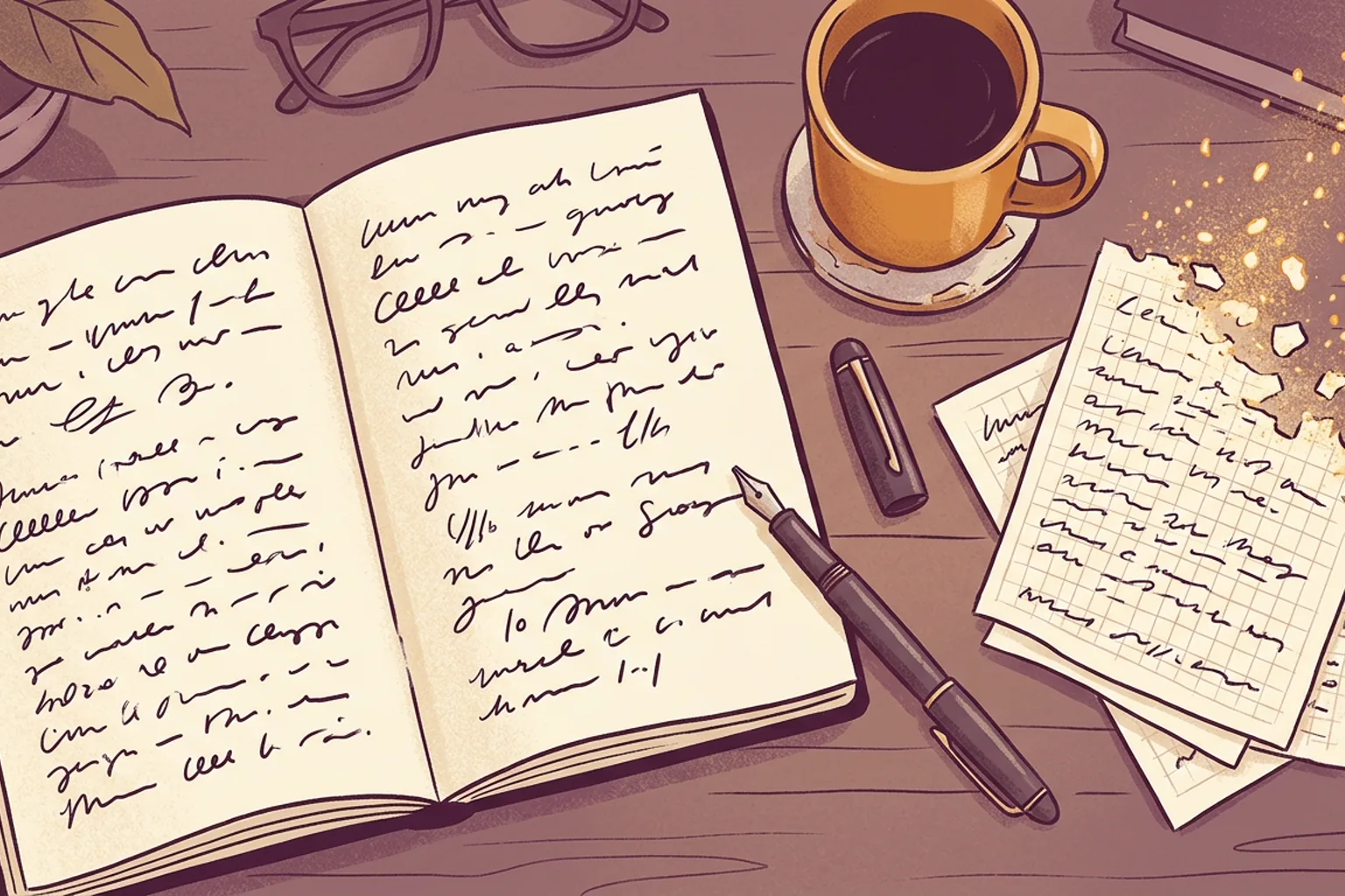 A notebook and pen on a writer's desk, with the pages dissolving into light beyond a certain point.
