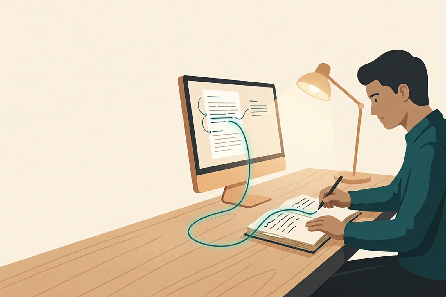 A quiet writer's desk where a story-bible notebook is the anchor: a soft glowing thread runs from the notebook across the desk into a warm-toned screen echoing the same annotated scene notes.