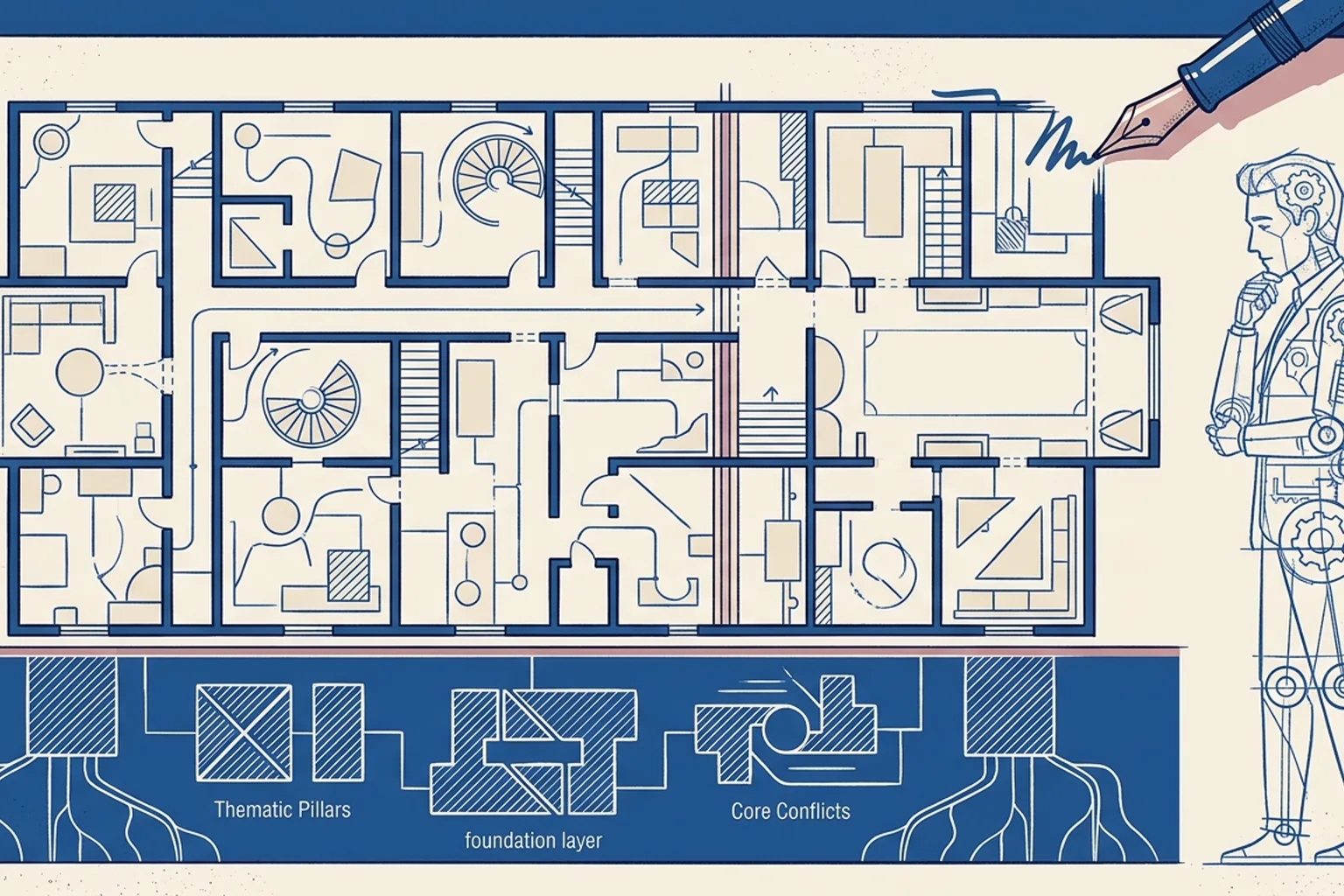 A book drawn like an architect's blueprint, with a pen adding final strokes.