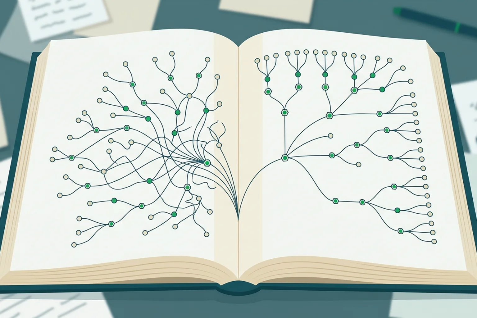 A branching tree-like flowchart grows from the spine of an open book, structure radiating outward into chapter, scene, and beat branches.