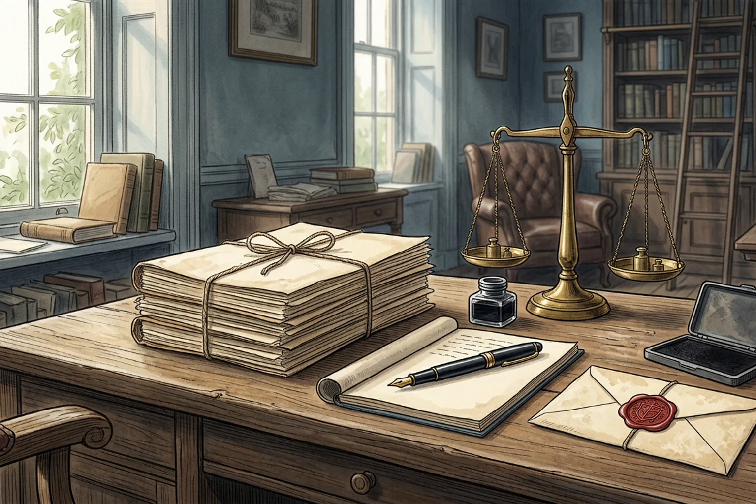 A publisher's desk with a neat stack of manuscripts tied with twine, a brass balance scale, a fountain pen, and a sealed envelope with a wax stamp.