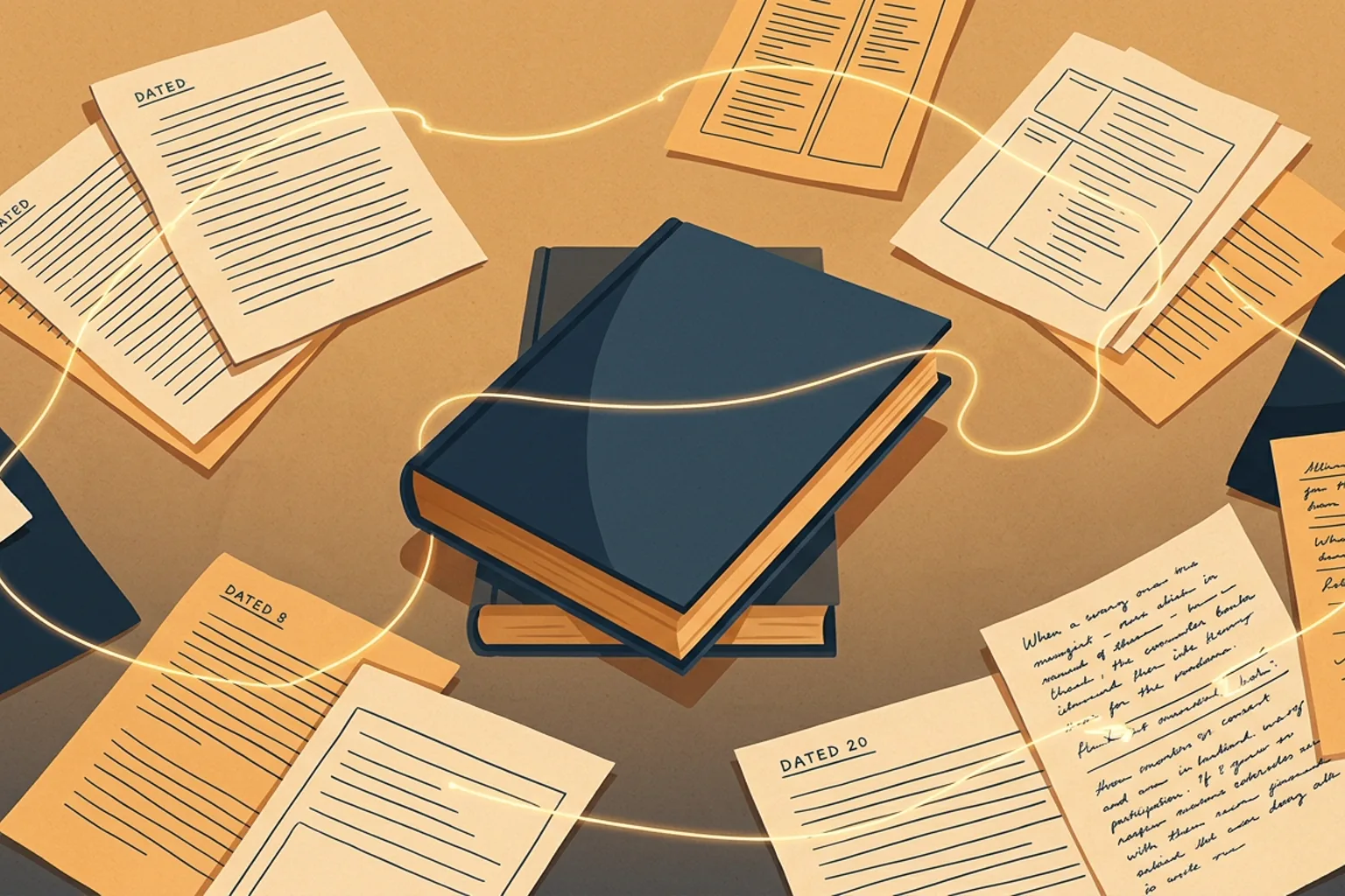 A finished manuscript surrounded by dated drafts and notes, connected by a glowing chain of custody.