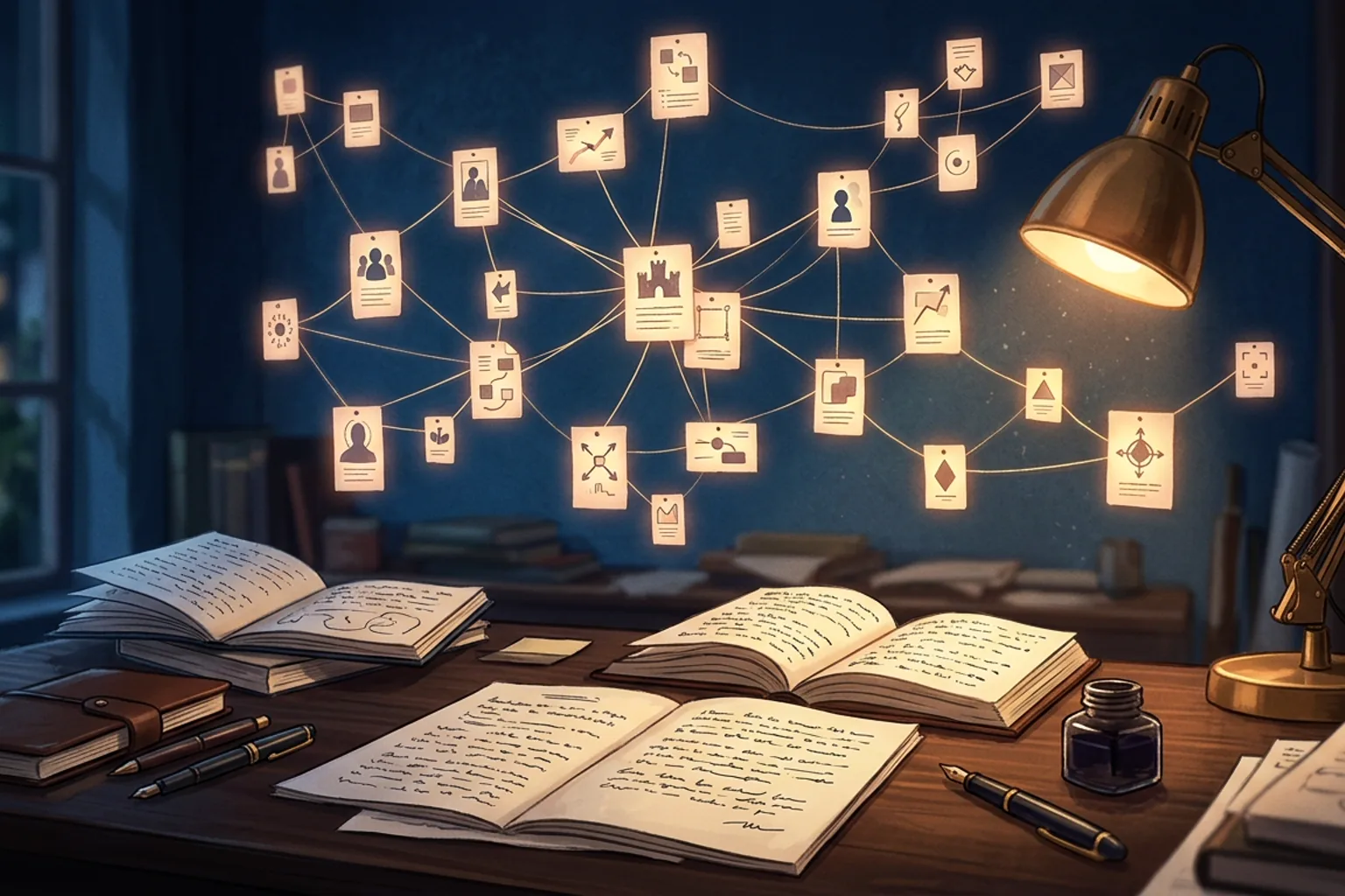 A writer's desk with open novel manuscripts, above it a constellation of connected story notes — character cards, plot threads, and worldbuilding fragments linked like a constellation map.