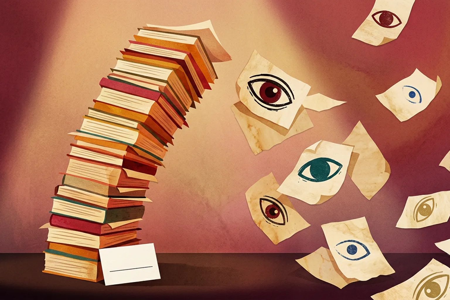 A single small prompt card at the base of a tall fragile tower of manuscript pages toppling sideways, pages scattering with a recurring eye motif in different colors — one prompt in, contradictions out.