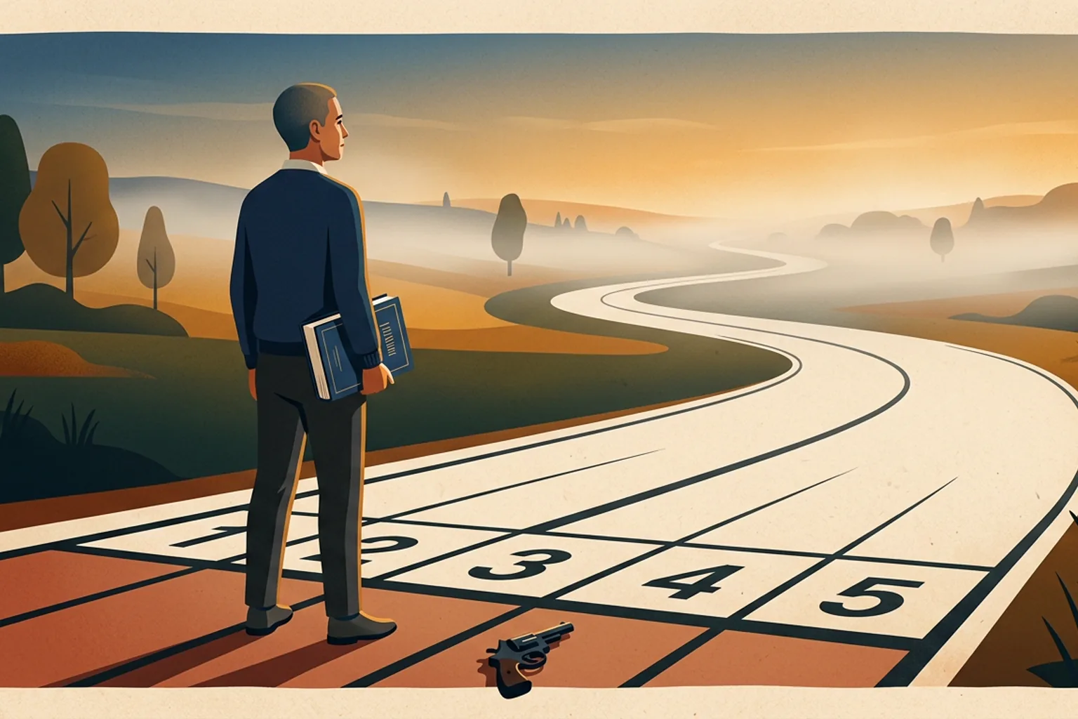 An author stands at a starting line holding a finished book, an open foggy road ahead.