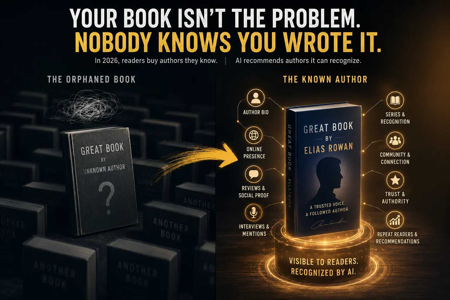 A polished book on a pedestal under a spotlight in an empty room, beside an empty chair and an unread nameplate, symbolizing an excellent book with an unknown author.