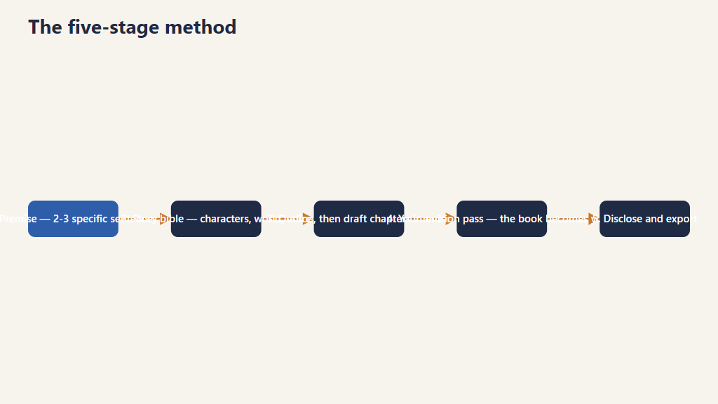 Flow diagram of the five-stage AI novel writing method: write a specific premise, build the story bible, outline and draft chapters in order, complete your revision pass, then disclose and export.