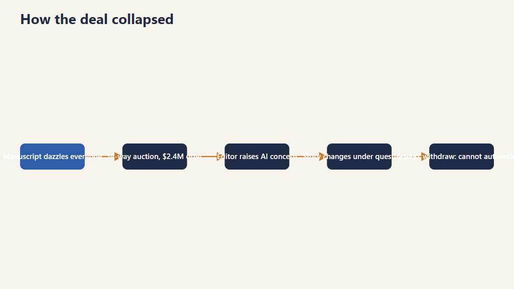 Flow diagram of how the Call Me, I'll Hide the Body deal collapsed: a dazzling manuscript wins a $2.4M auction, an editor raises AI concerns, the account changes under questioning, and the agents withdraw unable to authenticate.