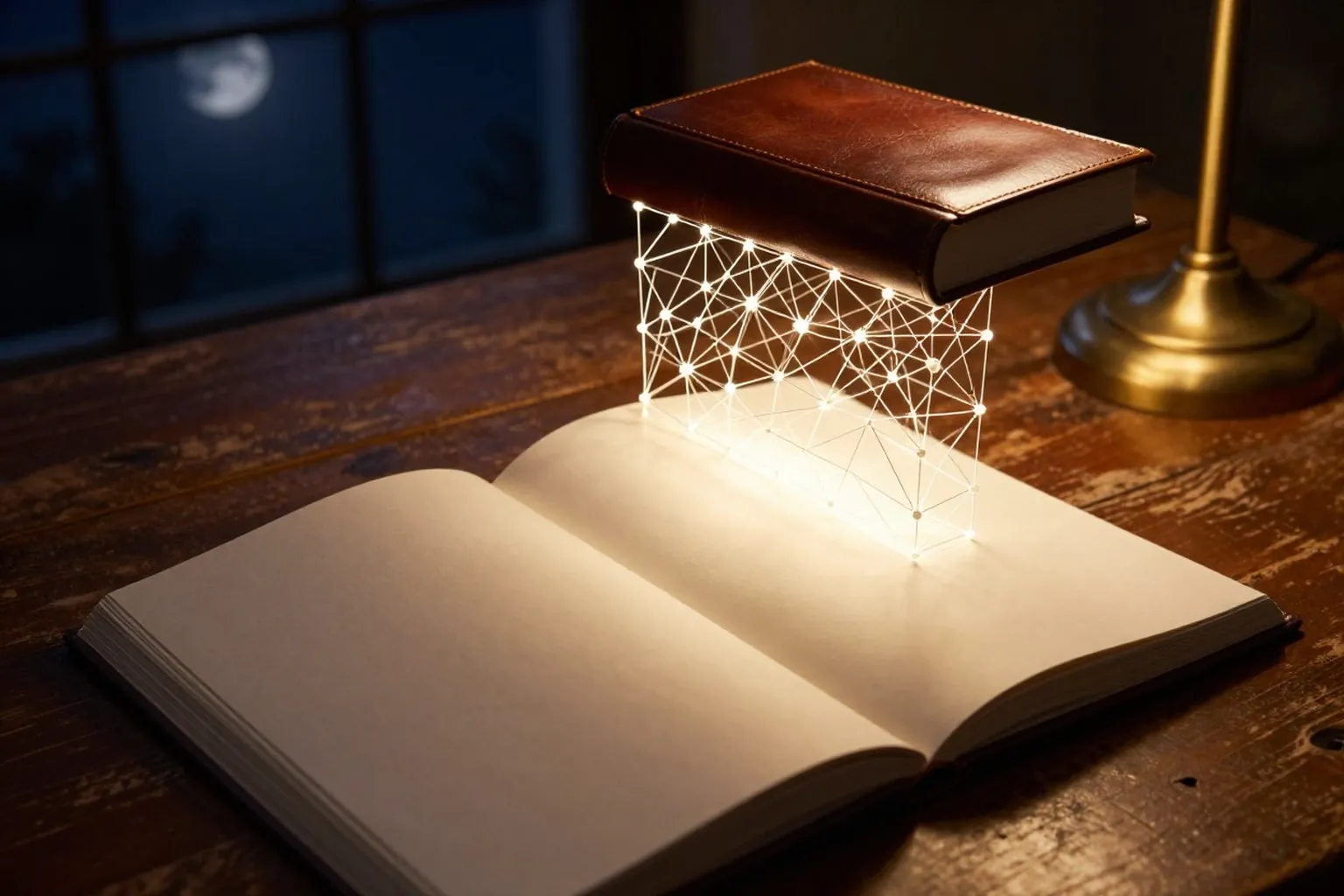 A luminous framework of story structure rising from an open manuscript on a writer's desk, with a finished hardcover book standing at its end.