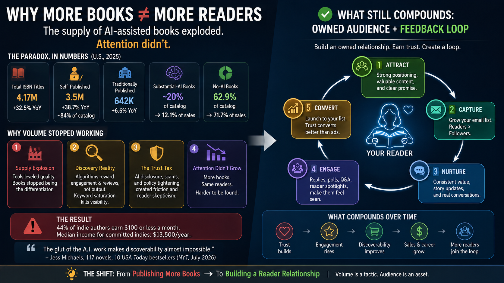 One distinct book among a dense, uniform crowd of identical books.