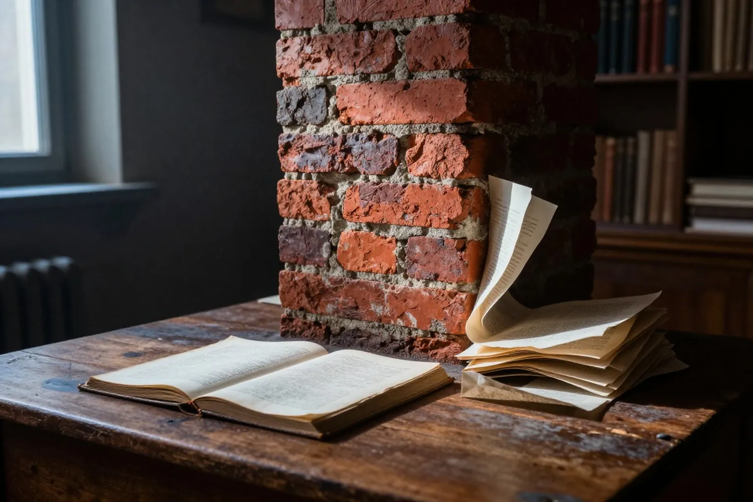 A brick wall rising out of the middle of an open manuscript on a writer's desk, pages before it orderly and pages after scattering into darkness.