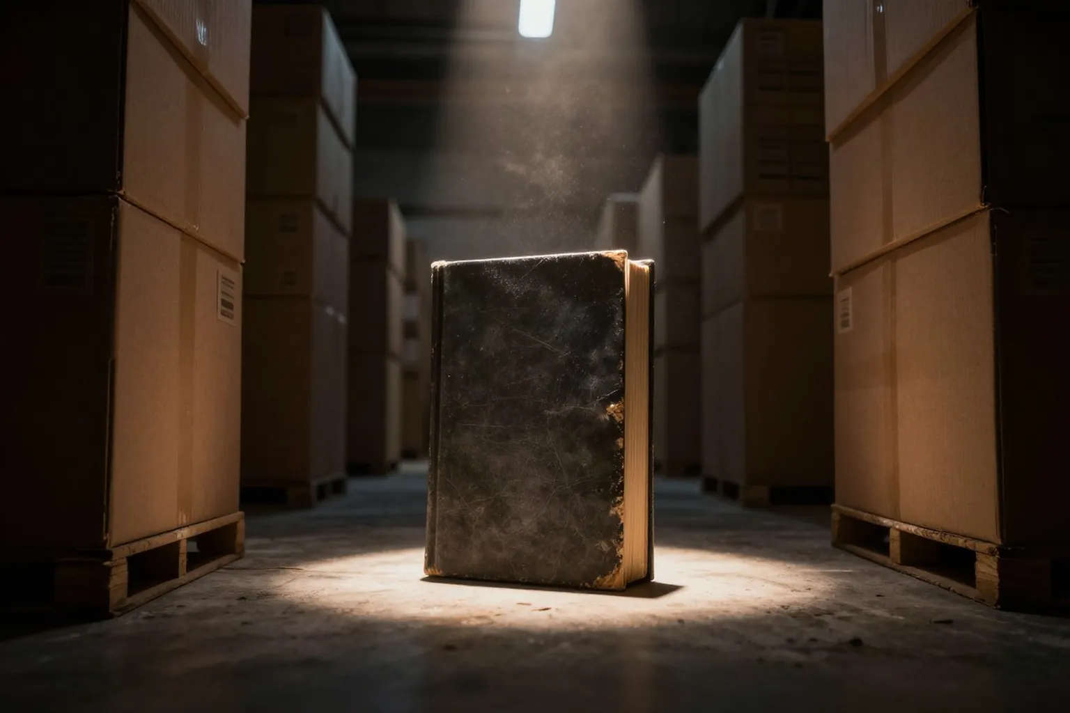 A single upright book caught in a narrow beam of light in a vast dark warehouse of identical book boxes, symbolizing a book no one can find.